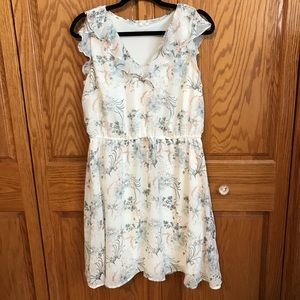 Maurices Floral Ruffle Neckline Dress White Blue